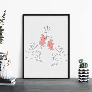 Impresión ilustrativa de pared 'Cheers' con champán / 4x6 5x7 A4 A3 A2 A1