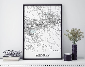 Sarajevo, Bosnia and Herzegovina Art, City Map Print Wall Art | A4 A3 A2 A1