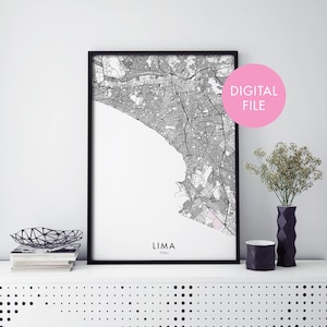 May include: Black and white printable map of Lima, Peru. The map shows the city streets and landmarks. The text "Lima, Peru" is printed below the map. The text "DIGITAL FILE" is printed in a pink circle in the upper right corner of the image.