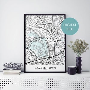Camden Town, Londres, Inglaterra Arte del Reino Unido, City Map Print Wall Art / Print At Home / Digital Download File