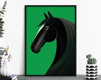 Green Stallion, Colorful Cartoon Black Horse Print Wall Art | A4 A3 A2 A1