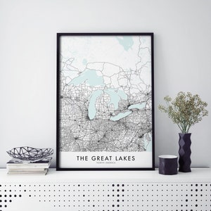 The Great Lakes, North America Art, City Map Print Wall Art | A4 A3 A2 A1