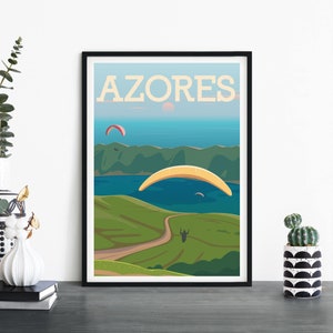 Azores, Portugal, Arte de pared ilustrativo de viaje, 4 x 6 5 x 7 A4 A3 A2 A1