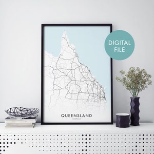 Queensland, Australien, QLD, State Road Map Print Wandkunst | Druck zu Hause | Digitaler Download Datei