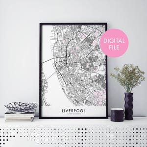 リバプール、イギリスの都市地図プリント ウォールアート | 自宅で印刷 | デジタルダウンロードファイル