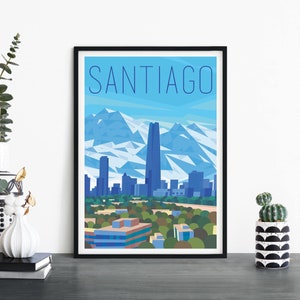 Santiago, Chile, Arte de pared ilustrativo de lámina de viaje, 4 x 6 5 x 7 A4 A3 A2 A1