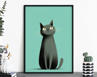 Mint Grey Cat, Colorful Cartoon Cat Print Wall Art | A4 A3 A2 A1