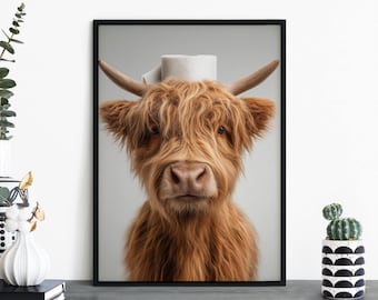 Loo Moo, Highland Cow Toilet Roll Print Wall Art | A4 A3 A2 A1