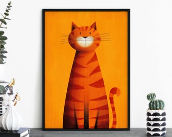 Amber Tabby, Colorful Cartoon Ginger Cat Print Wall Art | A4 A3 A2 A1