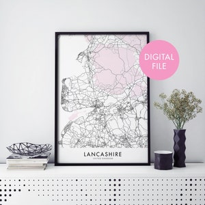 Lancashire, Inglaterra Mapa de la ciudad del Reino Unido Print Wall Art / Print At Home / Digital Download File
