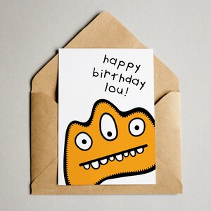 Personalized Children's Orange Monster Birthday Card - "Happy Birthday *Name*"
