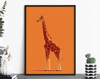 Orange Giraffe, Colorful Cartoon Print Wall Art | A4 A3 A2 A1