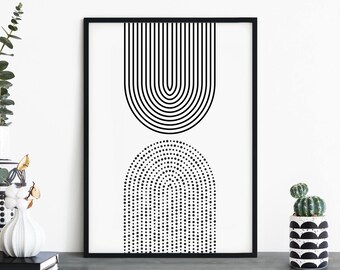 Puede incluir: Impresión de arte abstracto en blanco y negro con dos formas geométricas. La forma superior es un semicírculo hecho de finas líneas negras. La forma inferior es un semicírculo hecho de pequeños puntos negros.