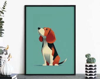 Teal Beagle, Colorful Cartoon Dog Print Wall Art | A4 A3 A2 A1