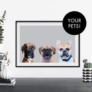 Arte mural personalizado ilustrado personalizado de tres retratos de mascotas