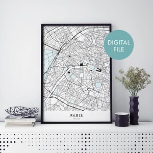 パリ、フランス 都市地図プリント ウォールアート | 自宅でプリント | デジタルダウンロードファイル