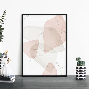 May include: Abstract art print with overlapping pink and beige watercolor shapes on a white background. The shapes are connected by thin lines of small dots.