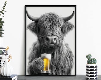 Moo Brew, Highland Cow Holding Beer Print Wall Art | A4 A3 A2 A1