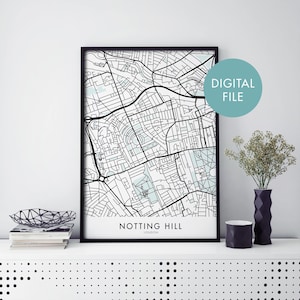 Notting Hill, Londres, Inglaterra Arte del Reino Unido, City Map Print Wall Art / Print At Home / Digital Download File