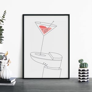 Impresión ilustrativa de arte de pared con cóctel Martini en un zapato / 4x6 5x7 A4 A3 A2 A1