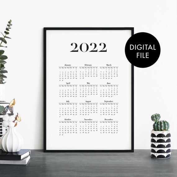 2022 Calendar Black & White Text Poster Print Wall Art Print | Etsy