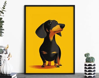 Golden Dachshund, Colorful Cartoon Black Dog Print Wall Art | A4 A3 A2 A1
