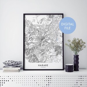 Harare, Zimbabue Mapa de la ciudad Imprimir arte mural / Imprimir en casa / Descargar archivo digital