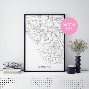 May include: Black and white line art map print of Seminyak, Bali in a black frame. The text "DIGITAL FILE" is in a pink circle in the top right corner of the image.