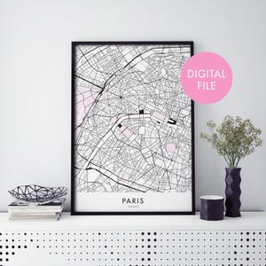パリ、フランス 都市地図プリント ウォールアート | 自宅でプリント | デジタルダウンロードファイル