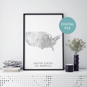 Verenigde Staten Verenigde Staten Routekaart Print Wall Art | Afdrukken Thuis | Digitaal downloadbestand