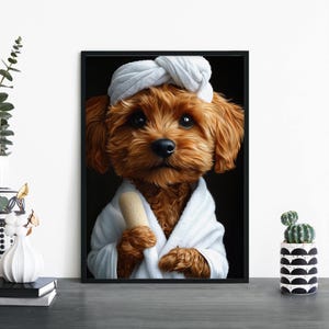 May include: A brown and white dog wearing a white bathrobe and a white towel on its head. The dog is holding a white bar of soap in its paws.