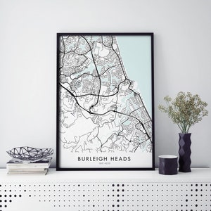 Burleigh Heads, Gold Coast, Australien Kunst, Stadtplan Druck Wandkunst | A4 A3 A2 A1