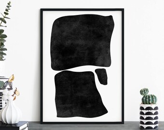 Op de afbeelding: Zwart-witte abstracte kunstprint met twee overlappende vormen. De vormen zijn onregelmatig en hebben een textuur die lijkt op aquarel.