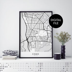 Pode incluir: Mapa imprimível em preto e branco de Como, WA 6152, em uma moldura preta. O mapa mostra as ruas e estradas da cidade. O texto "ARQUIVO DIGITAL" está em um círculo branco no lado direito da imagem.