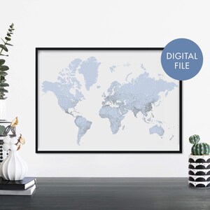 Blue World Map Print Wall Art / Imprimir en casa / Descargar archivo digital