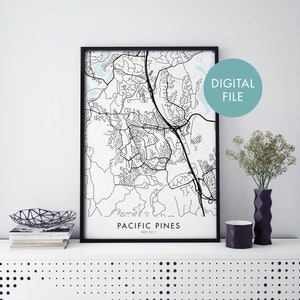 Könnte beinhalten: Schwarz-weiße Linienkarte von Pacific Pines, Queensland, Australien. Die Karte ist in einem schwarzen Rahmen gerahmt und trägt die Aufschrift "Pacific Pines QLD 4211". Der Text "DIGITAL FILE" befindet sich in einem hellblauen Kasten in der oberen rechten Ecke des Bildes.