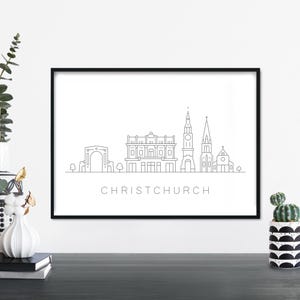 Christchurch | Ilustração linear do horizonte da cidade Impressão de arte de parede | 4x6 5x7 A4 A3 A2 A1
