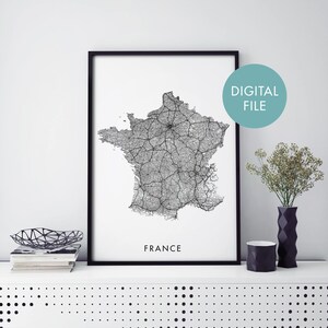 France Road Map Print Wall Art | Print At Home | Digital Download File
