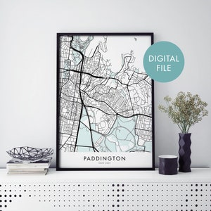 Paddington, Sydney, Australia Mapa de la ciudad Imprimir arte mural / Imprimir en casa / Descargar archivo digital