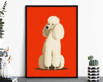 Scarlet Poodle, Colorful Cartoon White Dog Print Wall Art | A4 A3 A2 A1