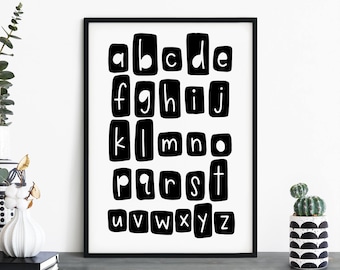 Alphabet Black & White Text Poster Print Wall Art | Childrens Kids Boys Girls Nursery Bedroom | A4 A3 A2 A1