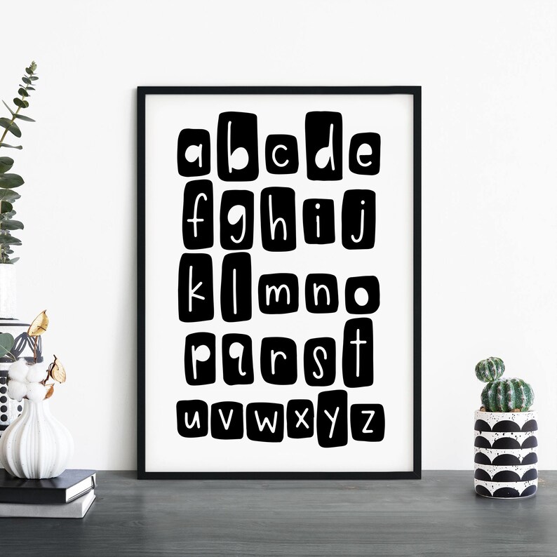 Alphabet Black & White Text Poster Print Wall Art Childrens Kids Boys Girls Nursery Bedroom A4 A3 A2 A1 image 1