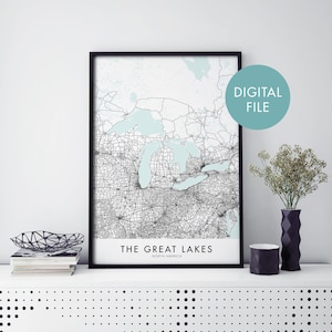 Los Grandes Lagos, América del Norte Mapa de la ciudad Print Wall Art / Print At Home / Digital Download File