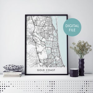 Gold Coast, Australia Mapa de la ciudad Imprimir arte mural / Imprimir en casa / Descargar archivo digital