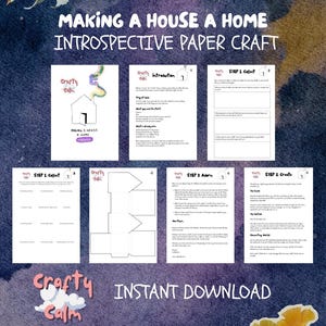 Peut inclure: Téléchargement numérique intitulé "Making a House a Home Introspective Paper Craft". L'image présente plusieurs pages avec des instructions et des illustrations, dont un dessin de maison et les mots "Crafty Calm" et "Instant Download".