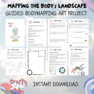 Op de afbeelding: Een digitaal downloadbaar kunstproject getiteld "Mapping the Body's Landscape: Guided Bodymapping Art Project." Het ontwerp heeft een aquarel stijl met tekst en illustraties. De woorden "Crafty Calm" en "Instant Download" zijn ook zichtbaar.