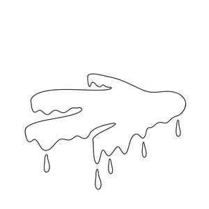 May include: A black and white line drawing of a crocodile head with a melting effect. The crocodile's head is outlined in black, with the top of the head and the snout appearing to melt, with several teardrop shapes dripping down.
