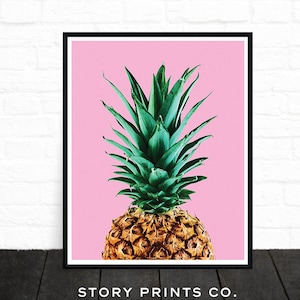 Pineapple Poster, Printable Wall Art Prints, Pineapple Printable, Pink, Kitchen Art Print, Tropical Fruit, Tropical Decor, Fun Prints