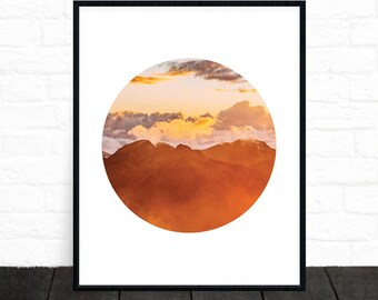 Impresión de la montaña, arte del cartel, cielo y nubes, arte de la puesta del sol, impresiones del cielo, regalo de la casa, arte de la pared imprimible, decoración moderna, descarga instantánea