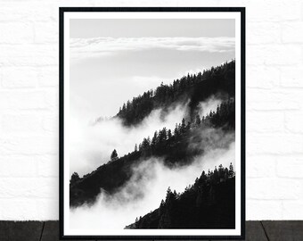 Forest Photography, Forest Print, Mountain Art, Black and White, Nature Photo, Tree Poster, Scandinavian, Wall Art Prints, Printable Poster